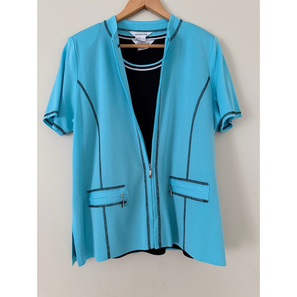 Exclusively Misook Blue Black Cardican Sweater Shell Twinset M L Acrylic Travel